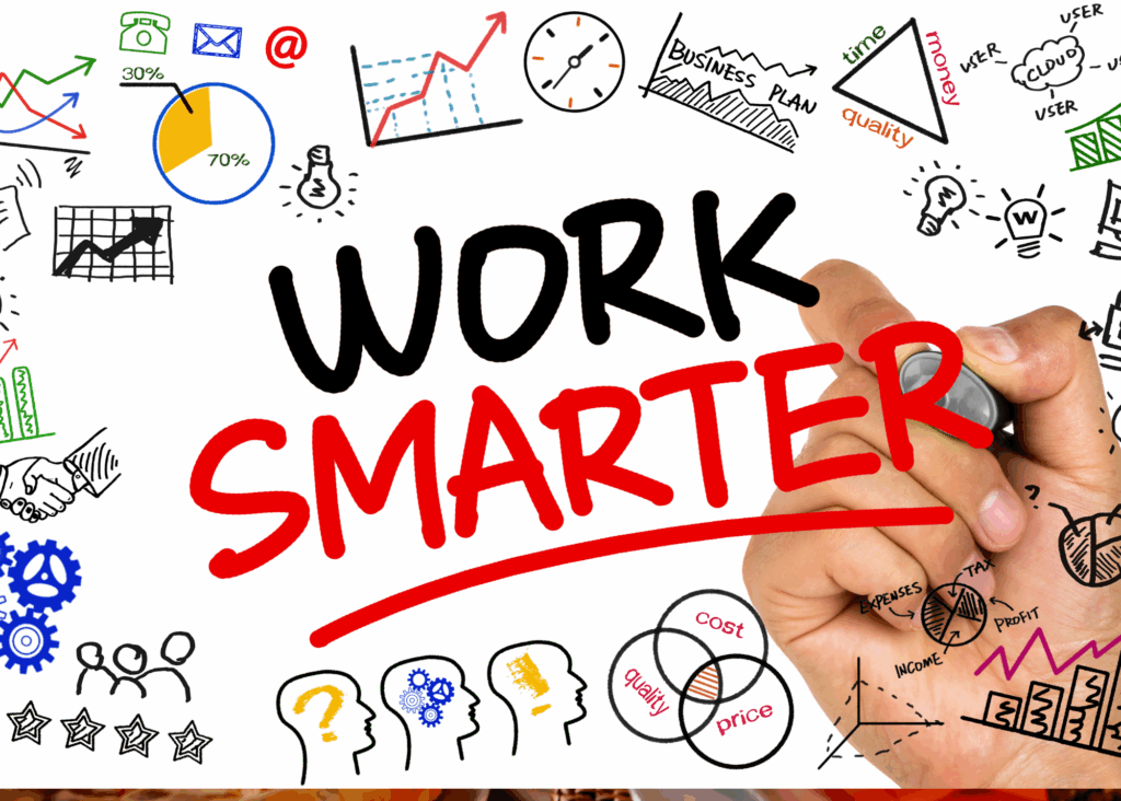 A whiteboard with several colorfully drawn productivity images. A hand is shown having written "Work Smarter."